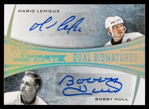 2015-16 Leaf Ultimate Dual Signatures Hockey Card #DS-08 HOFers Mario Lemieux / Bobby Hull (1/3)