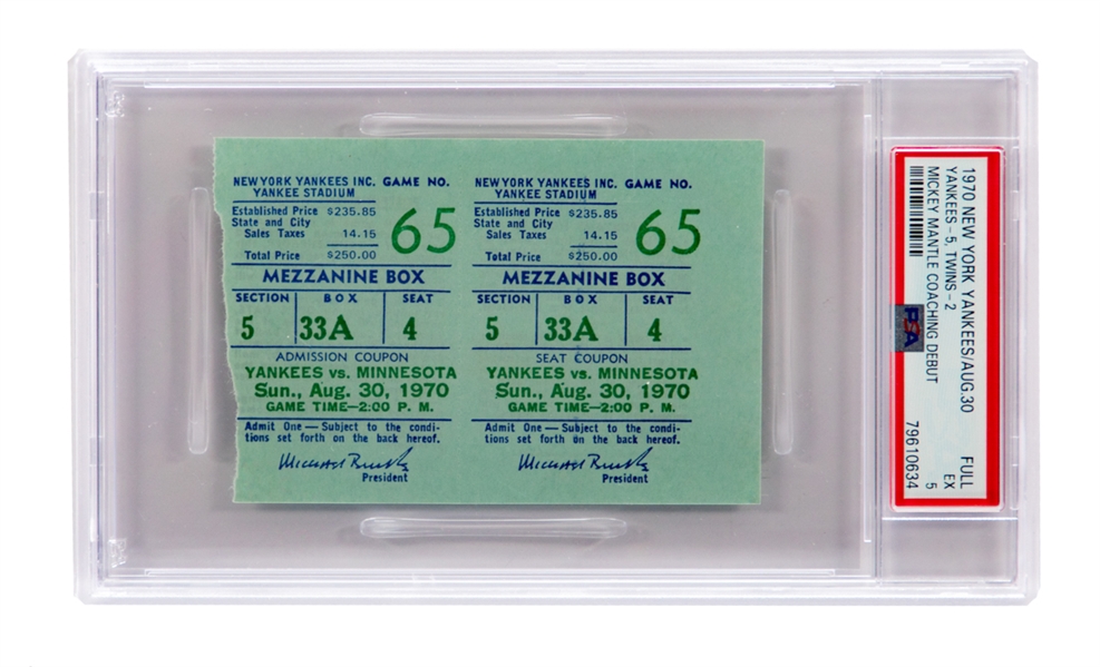 August 30th 1970 New York Yankees vs Minnesota Twins PSA-Graded Full Ticket (EX 5) - Mickey Mantle Coaching Debut! - Highest Graded!