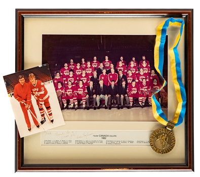Team Canada 1982 IIHF World Championships Collection with Team Photo Featuring Wayne Gretzky, 1982 IIHF World Championships Team Canada Bronze Medal and Additional Items from Max McNabs Collection