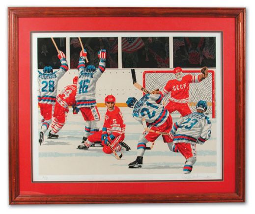 1980 U.S. Olympic Painting & 7 Autographed Gold Medal Sticks