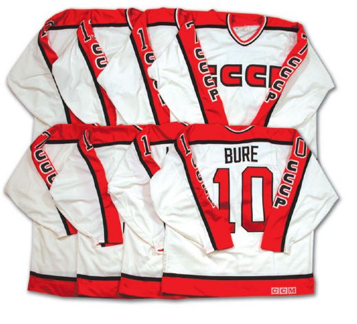 Collection of 4 Autographed CCCP Game Jerseys Including Bure & Kamensky