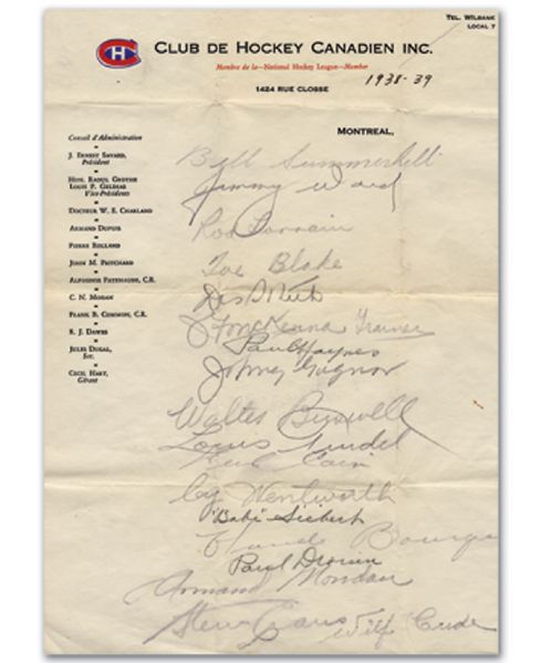 1938-39 Montreal Canadiens Team Signed Habs Stationary