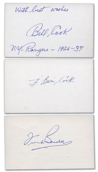 Frank Boucher, Bill Cook & Bun Cook Autographed Index Cards