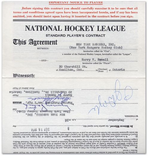 Harry Howells 1958-59 New York Rangers Contract