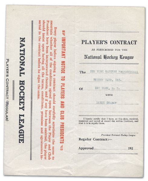 Lorne Chabots 1928-29 New York Rangers Contract