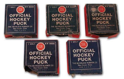 Circa 1940 S&R Hockey Puck Collection of 5 in Original Boxes