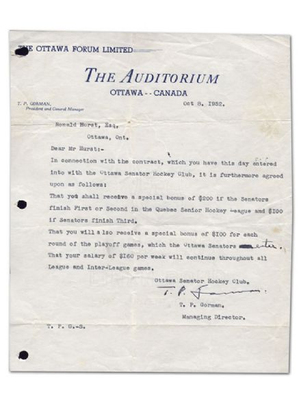 1952 Tommy Gorman Signed Ottawa Senators Letter