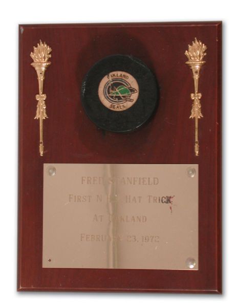 Fred Stanfields 1st NHL Hat Trick Goal Puck Plaque  Assisted by Orr ADDENDUM