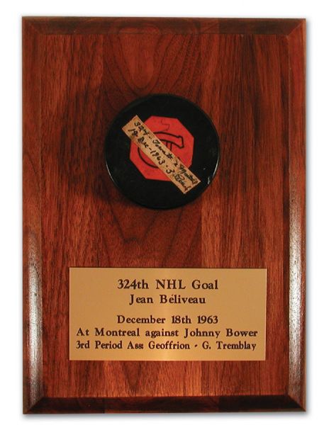 Jean Beliveaus 1963-64 324th Goal Puck to Tie Nels Stewart