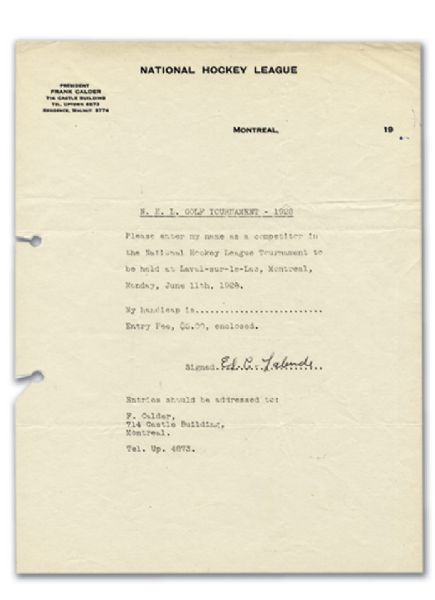 1928 NHL Golf Tournament Entry Form Signed by Newsy Lalonde