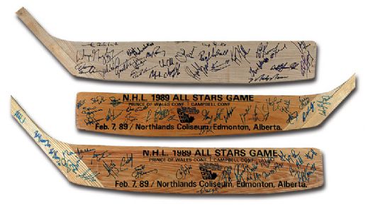 1989 NHL All-Star Game Giant Team Signed Souvenir Stick Collection of 3