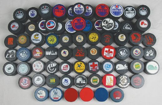 World Hockey Association Game Puck Collection of 116