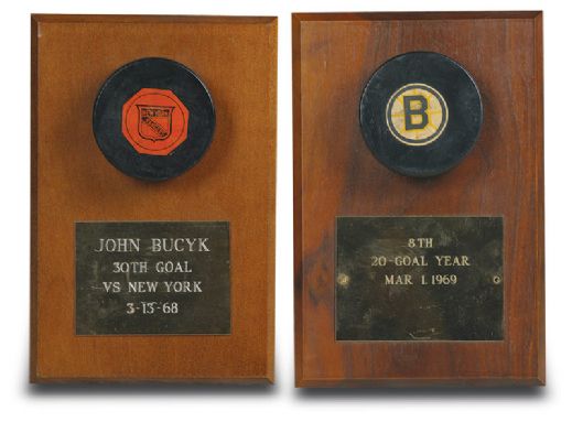 1968 Johnny Bucyk Milestone Goal Puck Collection of 2 ADDENDUM