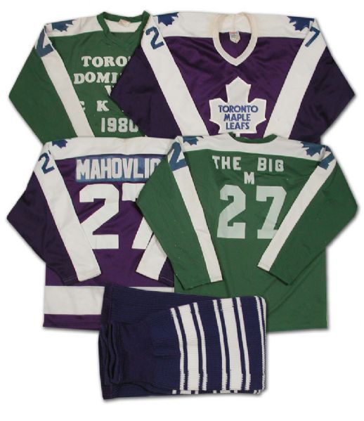 Frank Mahovlich’s Oldtimers Toronto Maple Leafs Jersey and Sock Collection of 3