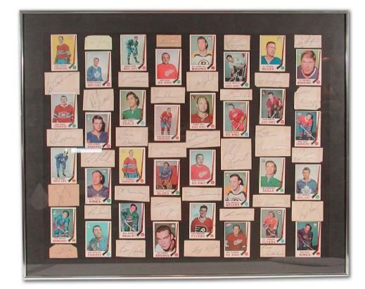 Framed Hockey Card & Autograph Display of 32 Including Jacques Plante