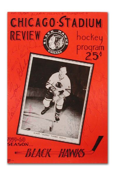 1959-60 Black Hawks Program Signed by 10 Canadiens Including Harvey & Blake