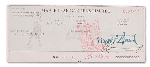 Harold Ballard Maple Leaf Gardens Limited Signed Check