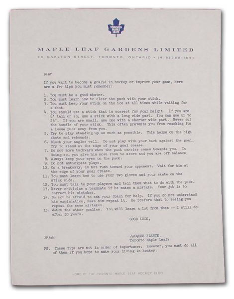 1970’s Jacques Plante Letter on Maple Leafs Letterhead