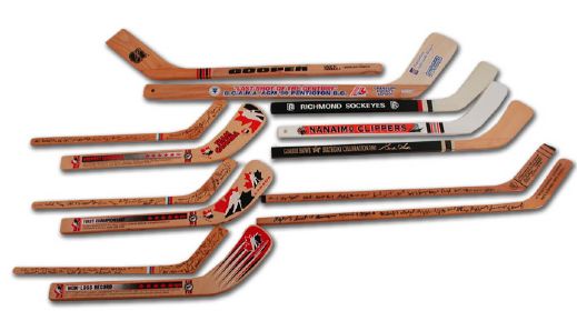 Promotional Miniature Hockey Stick Collection of 13 and 1987 Canada Cup Souvenir Plate