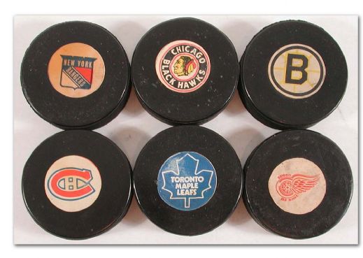 1973-1983 Viceroy “Original Six” Official Game Puck Collection of 6