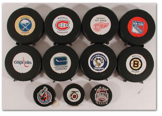 Vintage NHL Team Souvenir Bank & Game Puck Collection of 11