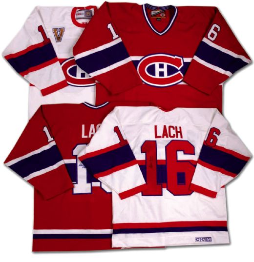 Collection of 2 Autographed Elmer Lach Montreal Canadiens Jerseys