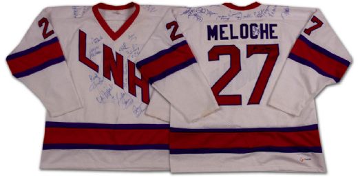 Gilles Meloche’s Team Signed Oldtimers Jersey & Team Signed Sticks