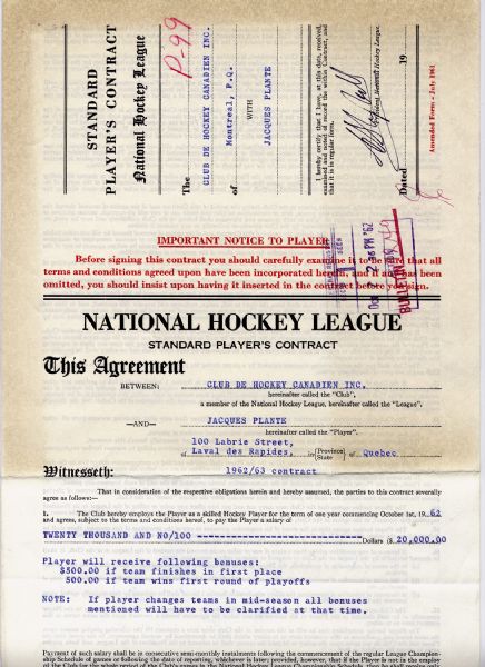 Jacques Plante’s 1962-63 Canadiens Contract Signed by Plante,  Selke & Campbell