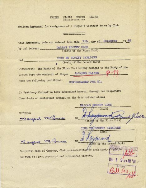 1948 USHL Document Regarding Jacques Plante Signed by Selke &  Raymond