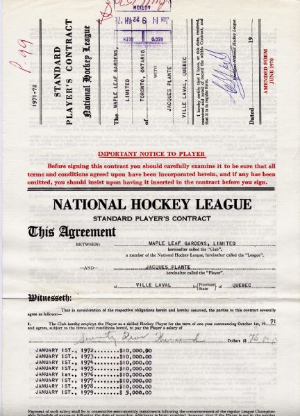 Jacques Plante’s 1971-72 Toronto Maple Leafs Contract Signed by  Plante, Campbell & Gregory