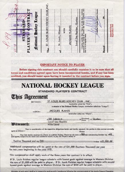 Jacques Plante’s 1968-69 St. Louis Blues Contract Signed by  Plante, Bowman & Campbell