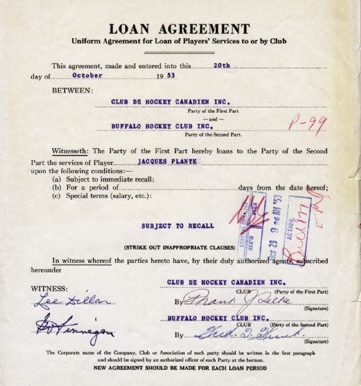  1953 Agreement Loaning Montreal’s Jacques Plante to the Buffalo  Bisons