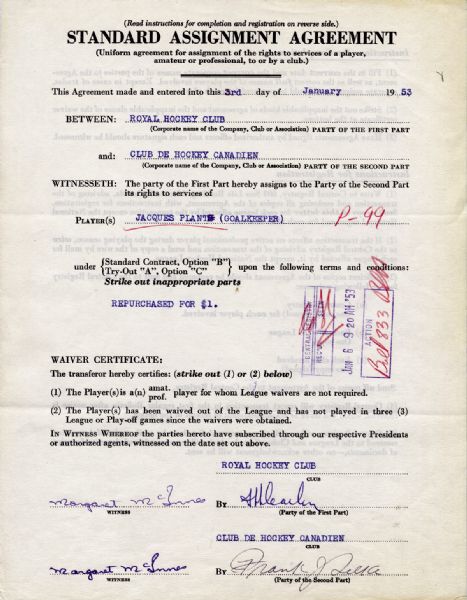 1953 Jacques Plante Montreal Canadiens & Royals Assignment  Agreements Signed by Frank Selke