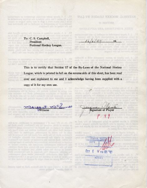 1949 NHL By-Law Signed by Jacques Plante