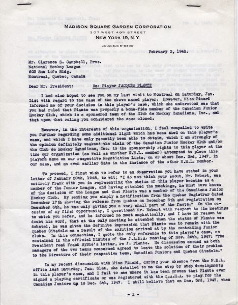 1948 Letter from Frank Boucher to Clarence Campbell Regarding  the Rights to Jacques Plante