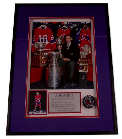 Spectacular Guy Lafleur Autographed Framed Photo & Puck Display  (25” x 34”) ADDENDUM