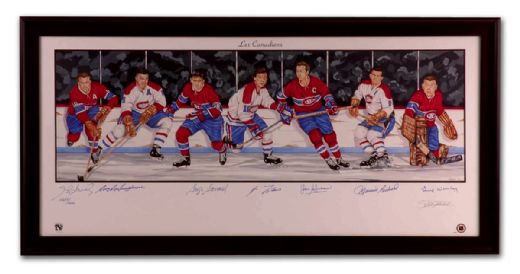 Montreal Canadiens Framed Lithograph Autographed by 7 Including Rocket Richard (23” x 44”)