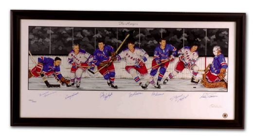  New York Rangers Framed Lithograph Autographed by 7 HOFers