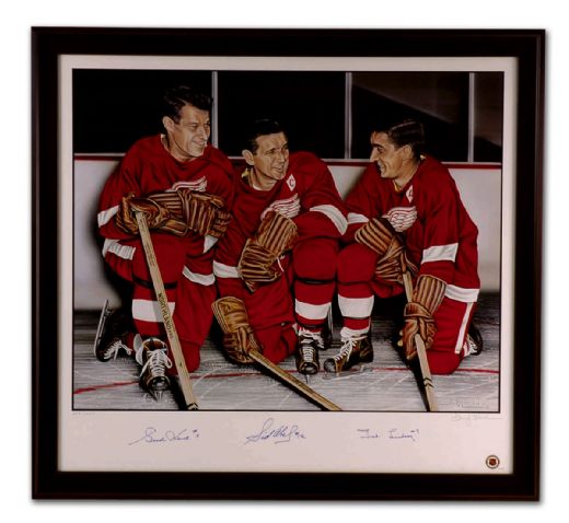 Detroit Red Wings Production Line Lithograph Autographed by  Howe, Abel & Lindsay