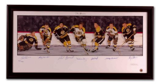  Boston Bruins Framed Lithograph Autographed by 7 HOFers  Including Orr