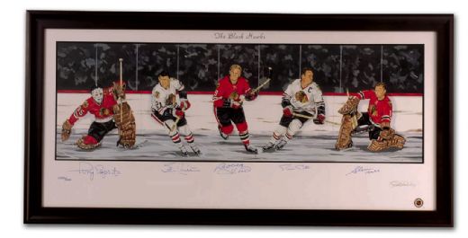 Chicago Black Hawks Framed Lithograph Autographed by 5 HOFers