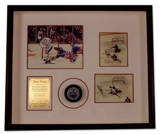 Wayne Gretzky Edmonton Oilers 1982 Goal Puck Framed with  Photographs (21" x 24")