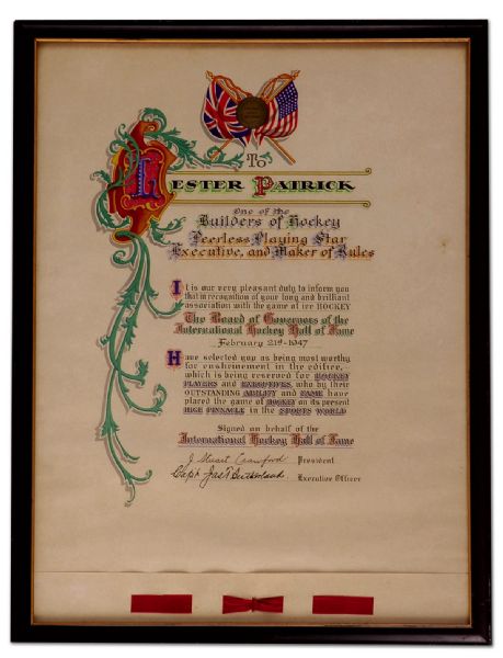 Lester Patrick’s International Hockey Hall of Fame Certificate