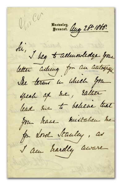 Lord Stanley Handwritten Letter with Fascinating Content