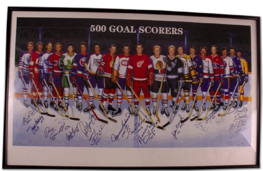 500 Goal Scorers Framed Lithograph Autographed by 16 (24” x 38”)