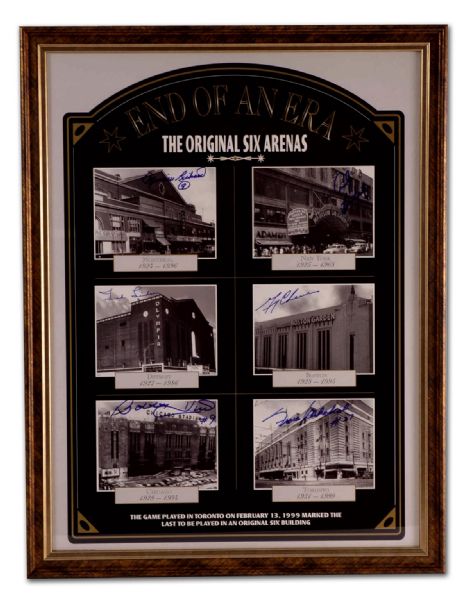  Original Six Arena Framed Display Autographed by 6 HOFers Including Maurice Richard (24” x 30”)