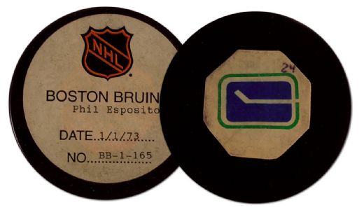 1972-73 Phil Esposito NHL Goal Puck - Assisted by Orr