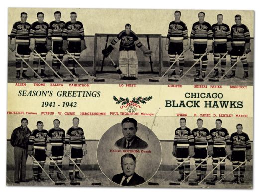 1941-42 Chicago Black Hawks Team Photo Christmas Card Signed by  Paul Thompson