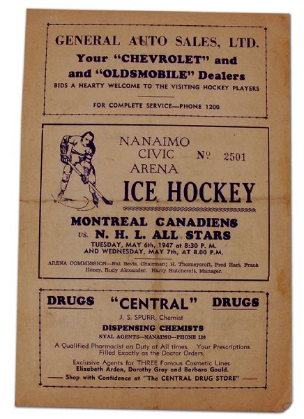 1947 Canadiens vs. NHL All-Stars Program Autographed by the  Bentleys, Durnan, Blake +++