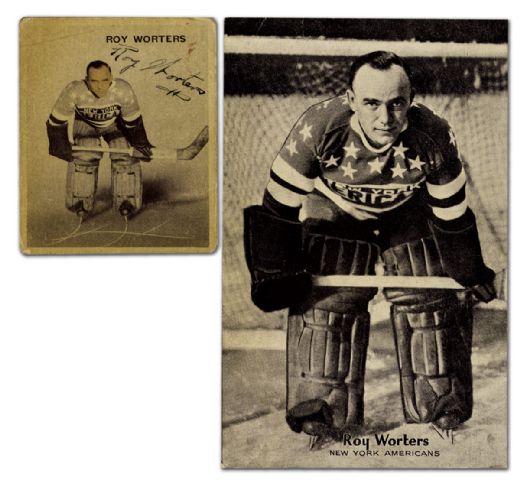 Roy Worters Autographed Hockey Card & Triumph Postcard